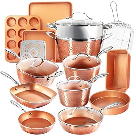 Gotham Steel Hammered 20 Pc Ceramic Cookware Set Nonstick, Induction Pots and Pans Set, Non Toxic Cookware Sets, Oven & Dishwasher Safe, Copper