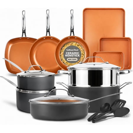 Gotham Steel TRUE VALUE 20 Pc Ceramic Pots and Pans Set Non Stick, Ceramic Cookware Set with Bakeware, Pot and Pan Set with Utensils, Non Stick Pots and Pan Set, Oven & Dishwasher Safe, Copper