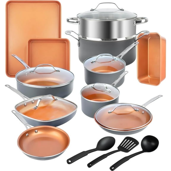 Gotham Steel 20 Pc Ceramic Cookware Set Nonstick, Pots and Pans Set Non Stick for Kitchen with Bakeware and Utensils, Pots and Pans for Cooking, Oven & Dishwasher Safe, Grey/Copper
