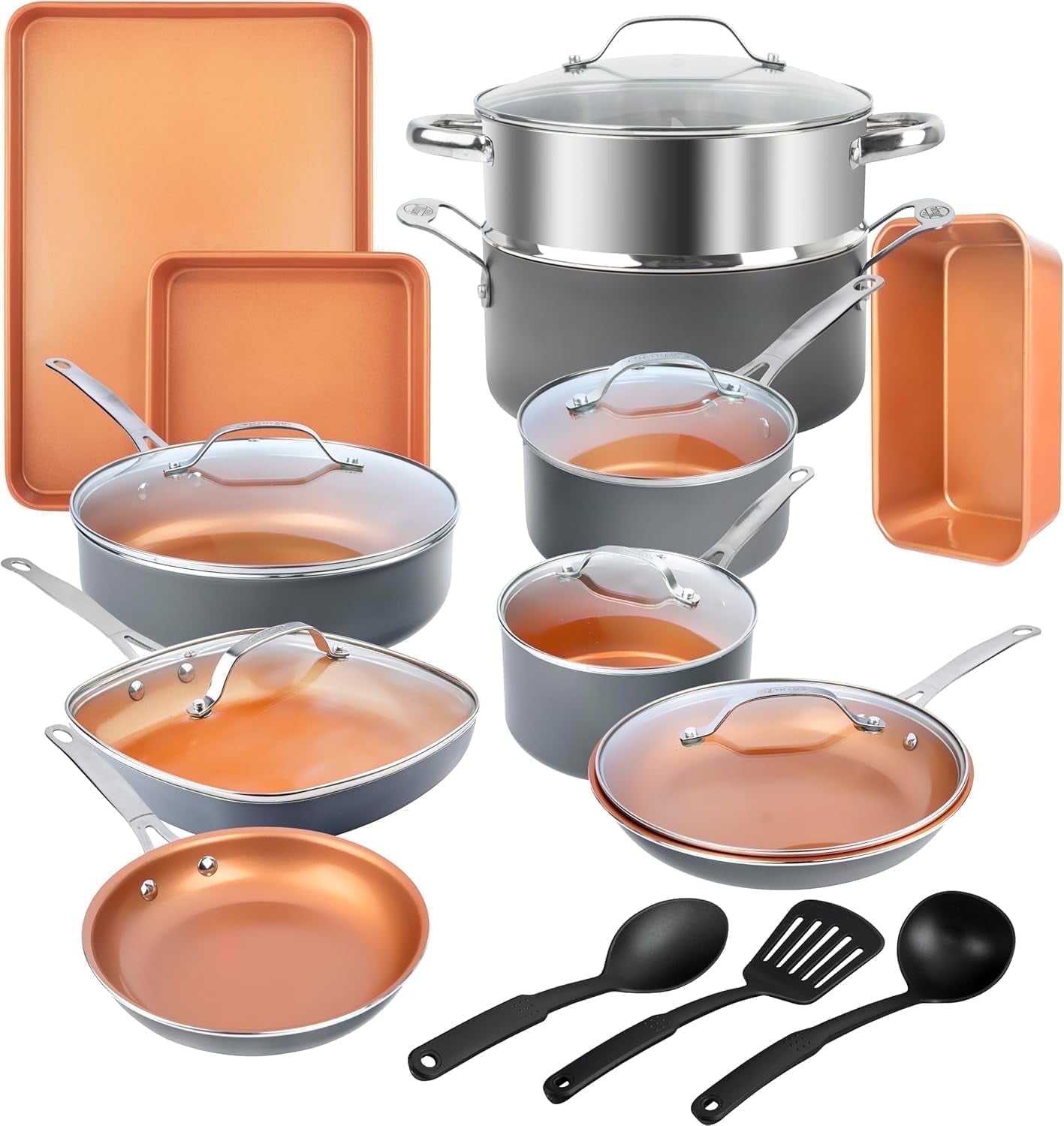 Gotham Steel 20 Pc Ceramic Cookware Set Nonstick, Pots and Pans Set Non Stick for Kitchen with Bakeware and Utensils, Pots and Pans for Cooking, Oven & Dishwasher Safe, Grey/Copper - Walmart.com