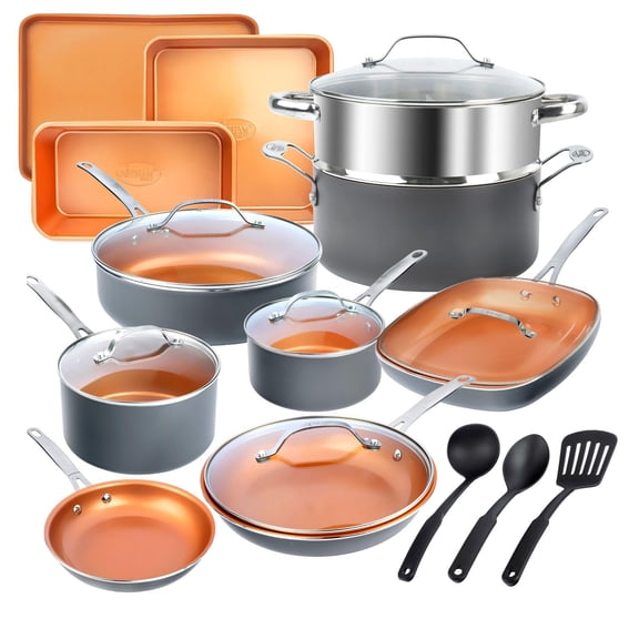Gotham Steel TRUE VALUE 20 Pc Ceramic Pots and Pans Set Non Stick, Ceramic Cookware Set with Bakeware, Pot and Pan Set with Utensils, Non Stick Pots and Pan Set, Oven & Dishwasher Safe, Copper
