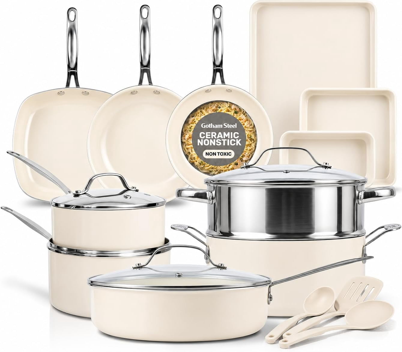 Gotham Steel TRUE VALUE 20 Pc Ceramic Pots and Pans Set Non Stick, Ceramic Cookware Set with Bakeware, Pot and Pan Set with Utensils, Non Stick Pots and Pan Set, Oven & Dishwasher Safe, Cream