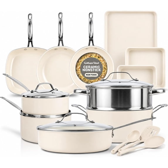 Gotham Steel TRUE VALUE 20 Pc Ceramic Pots and Pans Set Non Stick, Ceramic Cookware Set with Bakeware, Pot and Pan Set with Utensils, Non Stick Pots and Pan Set, Oven & Dishwasher Safe, Cream