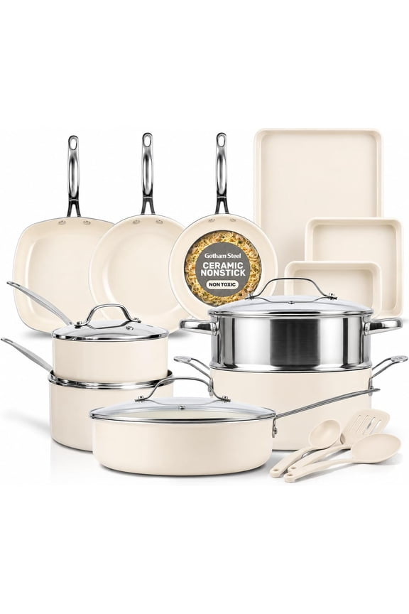 TRUE VALUE 20 Pc Ceramic Pots and Pans Set Non Stick, Ceramic Cookware Set with Bakeware, Pot and Pan Set with Utensils, Non Stick Pots and Pan Set, Oven & Dishwasher Safe, Cream