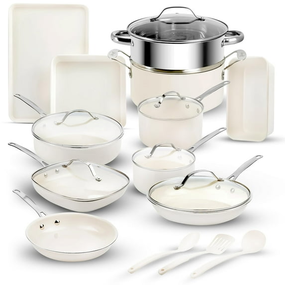 Gotham Steel TRUE VALUE 20 Pc Ceramic Pots and Pans Set Non Stick, Ceramic Cookware Set with Bakeware, Pot and Pan Set with Utensils, Non Stick Pots and Pan Set, Oven & Dishwasher Safe, Cream