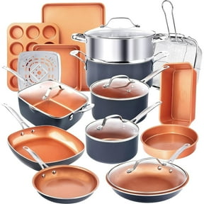 Gotham Steel True Value 20 Pc Pots and Pans Set Non Stick, Ceramic Cookware Set with Square Deep Frying Pan and Bakeware, Oven & Dishwasher Safe, Gray/Copper