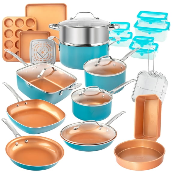 Gotham Steel 32 Pcs Pots and Pans Set Non Stick, Ceramic Pots and Pans Set, Ceramic Cookware Set with Bakeware and Premium Food Storage Set, Non Stick Pot and Pan Set, Aqua Blue