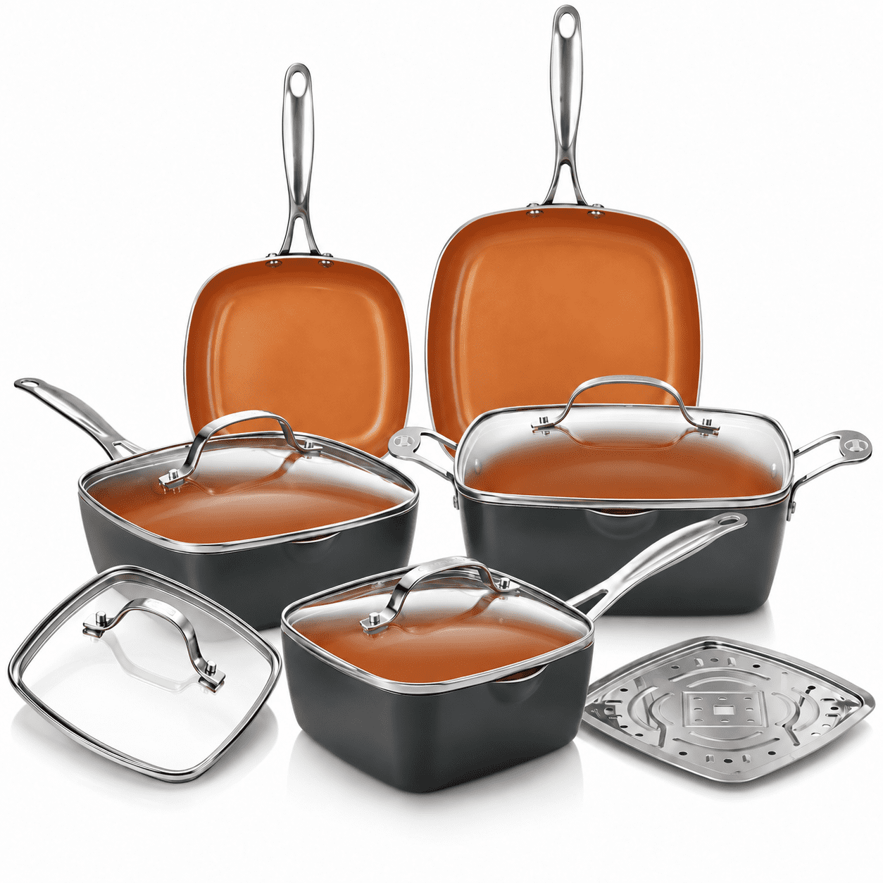 Gotham Steel Square 10 Pc Pots and Pans Set Non Stick, Ceramic Cookware Set w/ Ultra Nonstick Ceramic Coating, Square Pot and Pan Set Includes Shallow Skillet, Stock Pot, Oven/Dishwasher Safe, Copper