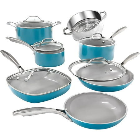 Gotham Steel Nonstick Pots and Pans 12 Piece Set Ceramic Cookware Kitchen Set with Frying Skillet, Saucepan, Aqua Blue