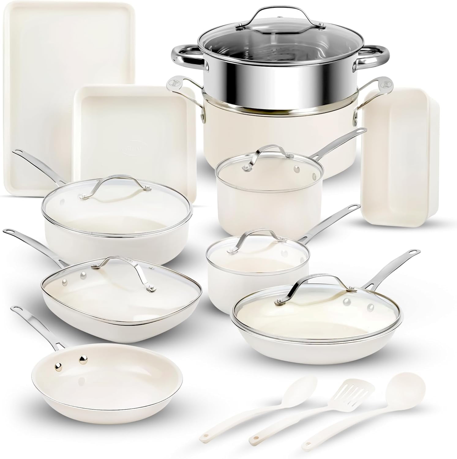 Cream 20-Piece Nonstick Stainless Steel Cookware Set with Lids