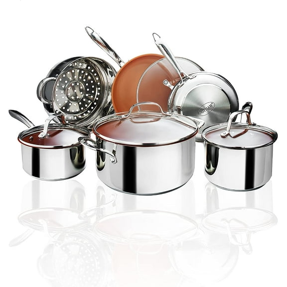 Gotham Steel Stainless Steel Pots and Pans Set with Lids 10 Piece Kitchen Cookware Set with Nonstick Ceramic Interior, Bakeware Set   Induction Cookware Set Non-Toxic Pot Set, Oven & Dishwasher Safe