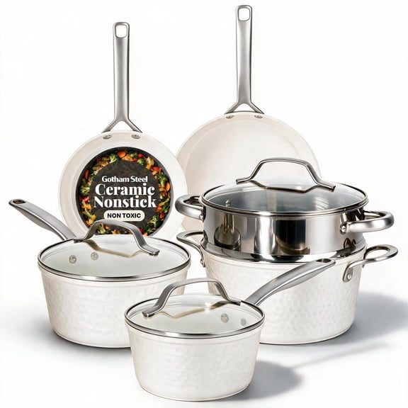 Gotham Steel Pro Hammered 10 Pc Pots and Pans Set Non stick, Ceramic Cookware Set, Pots and Pans for Cooking, Non Toxic Pot and Pan Set, Kitchen Set, Oven/Dishwasher Safe, Cream