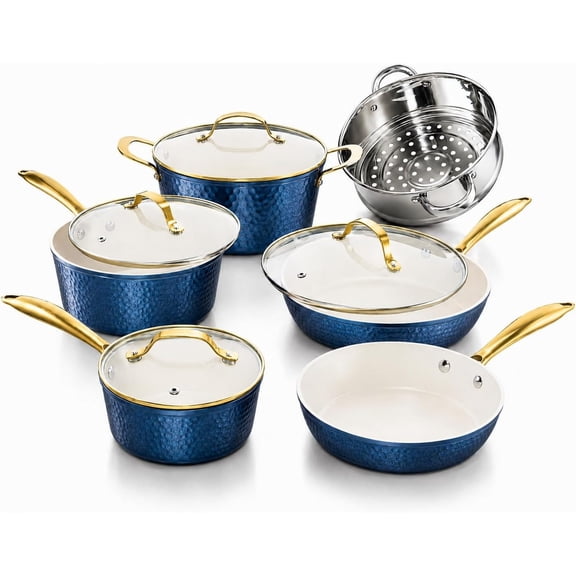 Gotham Steel 10 Pc Nonstick Cookware Set, Pro Hammered Ceramic Coating, Navy & Gold