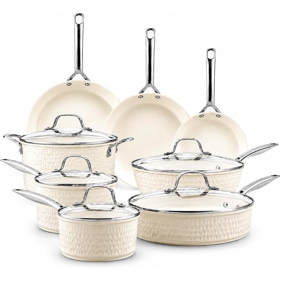 Gotham Steel Pro Hammered 13 Pc Pots and Pans Set Non stick, Ceramic Cookware Set, Pots and Pans for Cooking, Non Toxic Pot and Pan Set, Kitchen Set, Oven/Dishwasher Safe, Cream