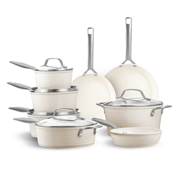 Gotham Steel Pro Hammered 13 Pc Pots and Pans Set Non stick, Ceramic Cookware Set, Pots and Pans for Cooking, Non Toxic Pot and Pan Set, Kitchen Set, Oven/Dishwasher Safe, Cream