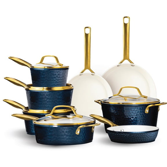 Gotham Steel 13 Pc Ceramic Nonstick Pots and Pans Set, Pro Hammered, Navy & Gold