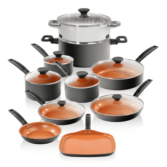 Gotham Steel 17 Pc Pots and Pans Set Non Stick, Ceramic Cookware Set Nonstick, Hard Anodized Induction Cookware Set, Pots and Pans for Cooking, Non Toxic Cookware Sets, Oven/Dishwasher Safe, Copper