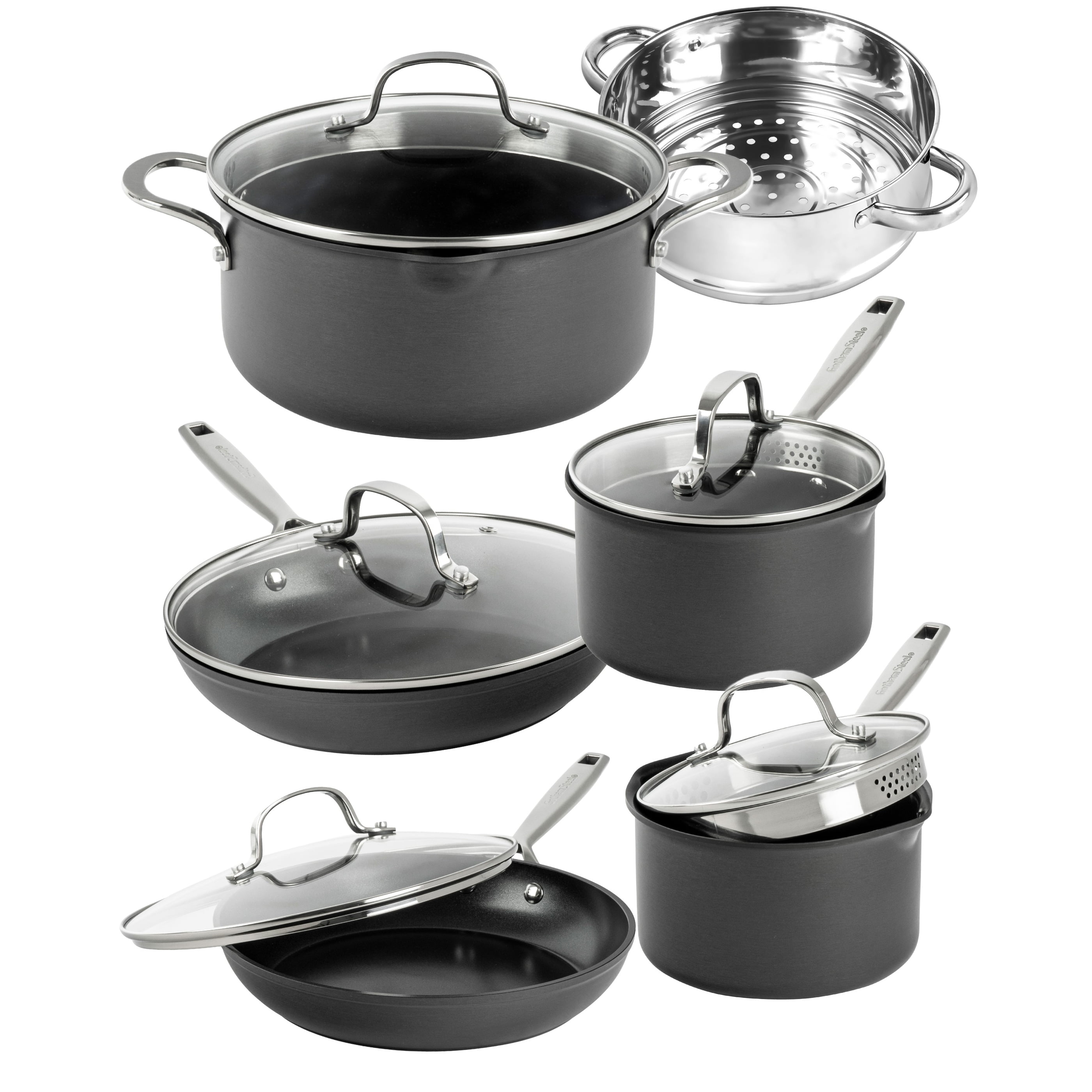 11-Piece Black Anodized Nonstick Stainless Steel Cookware Set