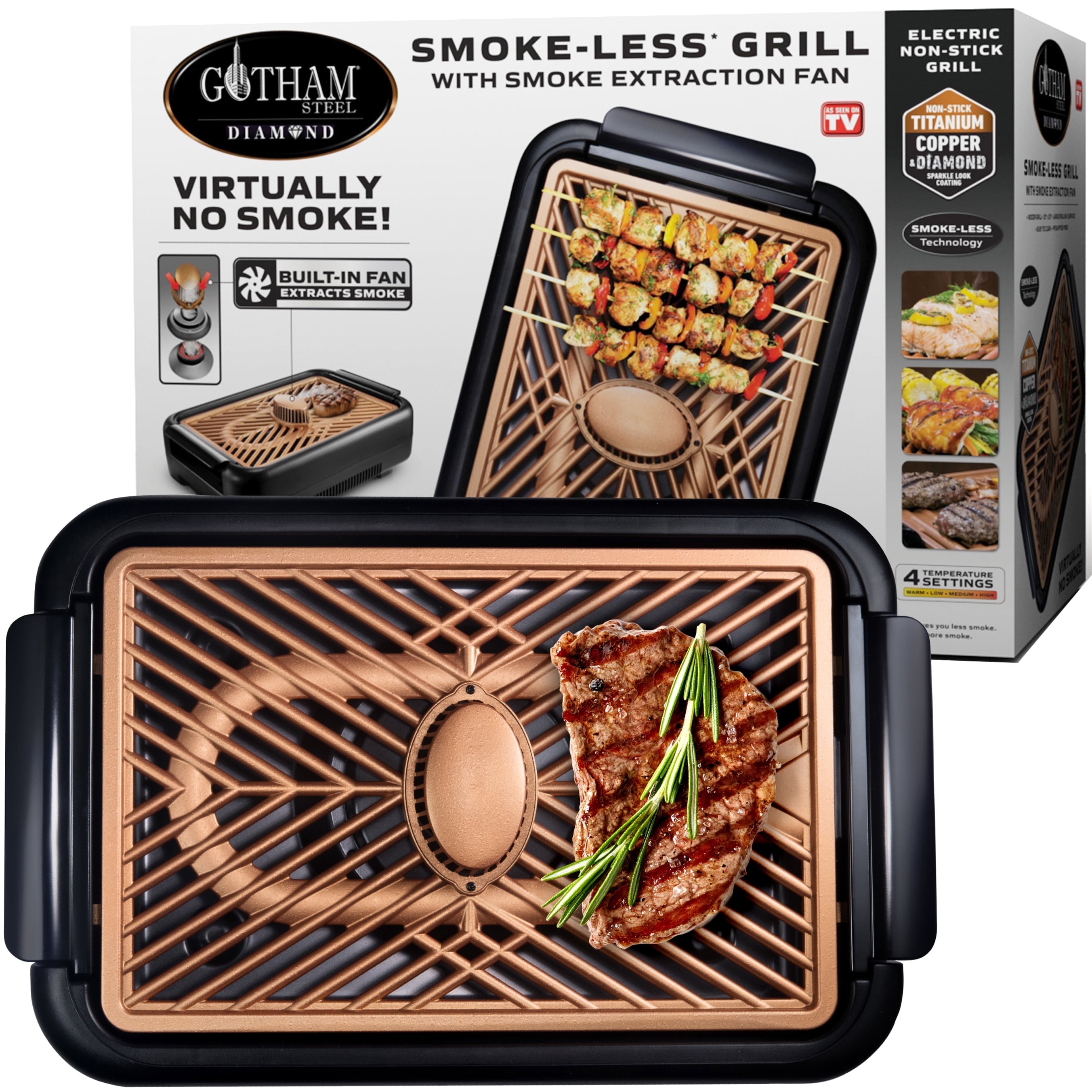 Gotham Steel Diamond Electric Indoor Grill Smokeless Nonstick Electric Grill, Ceramic for Steaks , Indoor Grill 15" x 10"