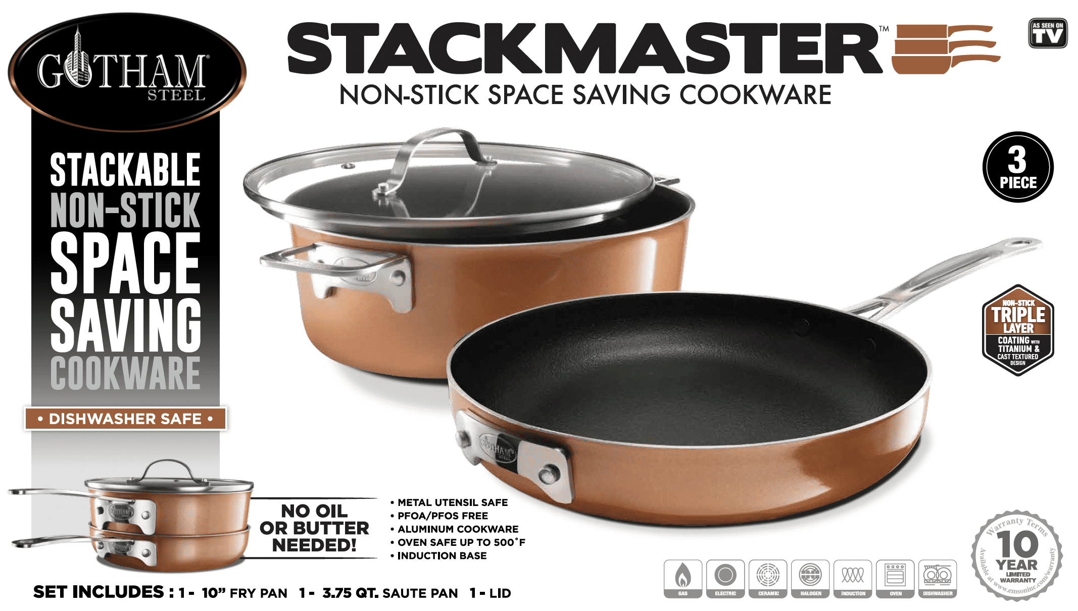 Gotham Steel gotham steel stackmaster pots & pans set - stackable 10 piece cookware  set saves 30% space, ultra nonstick cast texture coati