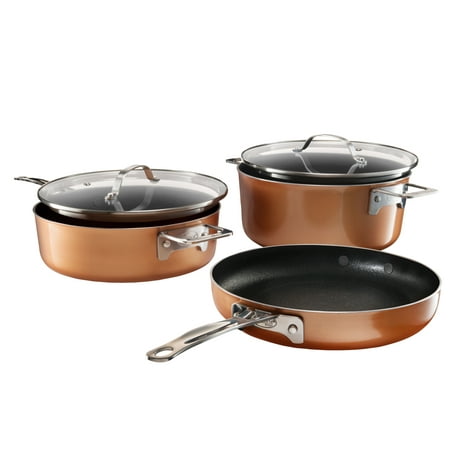 Gotham Steel Stackmaster 5 Piece Stackable Ultra Nonstick Pots and Pans Set with Glass Lids, Dishwasher Safe, Oven Safe - As Seen on TV