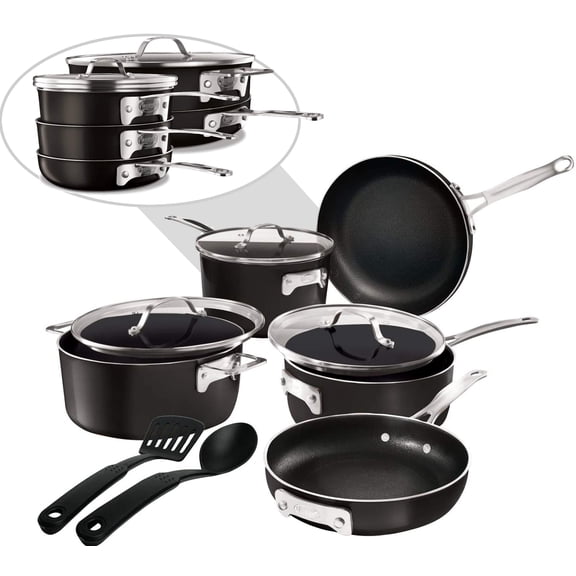 Gotham Steel Stackmaster Pots and Pans Set, 10 Piece Cookware Set, Stackable Design with Nonstick Cast Texture Coating, Includes Skillets, Sauce Pans, Stock Pots and Utensils, Dishwasher Safe, Black