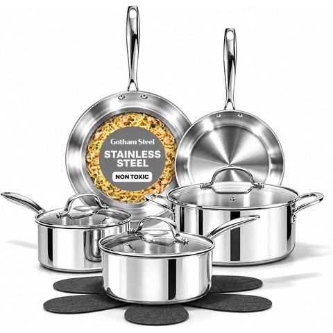 Gotham Steel 10 Pcs Stainless Steel Cookware Set, Pots and Pans Set Non Stick with Induction Cookware, Made Without Forever Chemicals, Metal Utensil Safe, Oven and Dishwasher Safe