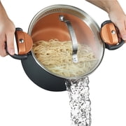 Gotham Steel 5 Qt Nonstick Pasta Pot Pasta Pot with Strainer Lid & Twist and Lock Handles, Multipurpose Ceramic Stock Pot, Soup Pot with Lid, Pasta Cooker, Spaghetti, Rice, Dishwasher Safe, Copper