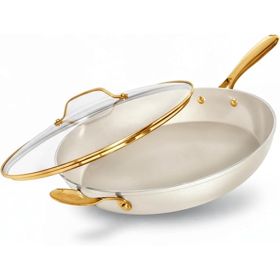 Gotham Steel 14 Inch Frying Pan with Lid, Extra Large Frying Pan Skillet for Family Cooking, Non Toxic Ceramic Nonstick Coating, Ergonomic Stay Cool Handle + Helper Handle, Oven and Diswasher Safe