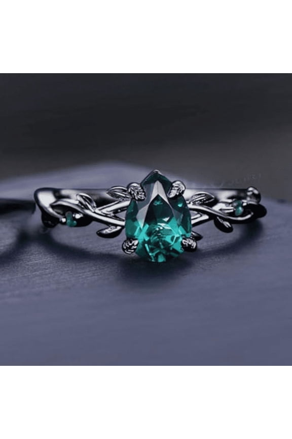 Gothic 14k Black Gold Finish Pear Cut Emerald Engagement Ring - Bridal Leaf Art Deco Ring - Nature Inspired Green Gemstone Cluster Ring