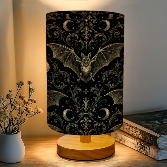 Gothic 16-Color Dimmable Table Lamp, Bat Spread Wings Gothic Frame Dark Vintage Engraving Bedside Lamp Nightstand Light for Bedroom Nursery, Wood Base Fabric Shade Reading Lamps Gifts for Kids