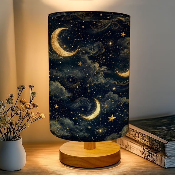 Gothic 16-Color Dimmable Table Lamp, Dark Academia Celestial Moody Star 3D Bedside Lamp Nightstand Light for Bedroom Nursery, Wood Base Fabric Shade Reading Lamps Gifts for Kids