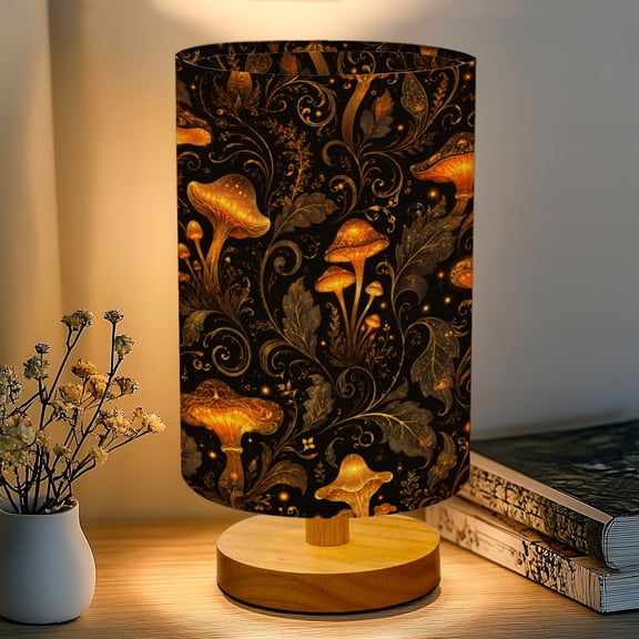 Gothic 16-Color Dimmable Table Lamp, Dark Forest Mushroom Glow Fantasy Bedside Lamp Nightstand Light for Bedroom Nursery, Wood Base Fabric Shade Reading Lamps Gifts for Kids