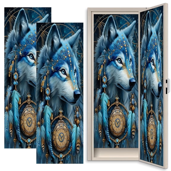 Gothic 2 Pcs School Locker Magnetic Wallpaper 12" x 36" Blue Wolf Ornate Bohemian Jewelry Clock Feathers Reusable Removable Locker Accessories Back to School Supplies