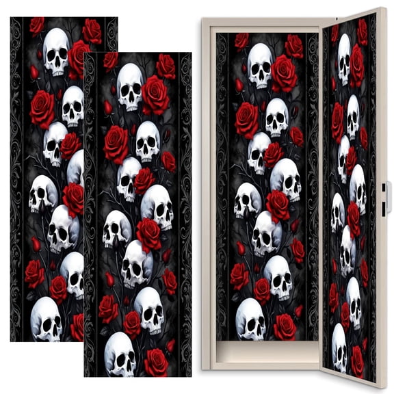 Gothic 2 Pcs School Locker Magnetic Wallpaper 12" x 36" Gothic Rustic Dark Skull Damask Red Floral Flower Dead Reusable Removable Locker Accessories Back to School Supplies