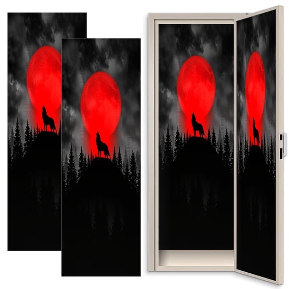 Gothic 2 Pcs School Locker Magnetic Wallpaper 12" x 36" Gothic Wolf Red Moon Forest Night Silhouette Fantasy Reusable Removable Locker Accessories Back to School Supplies