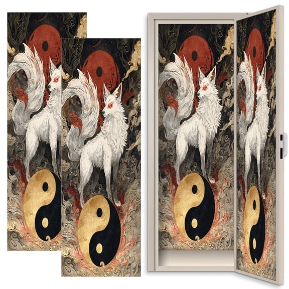 Gothic 2 Pcs School Locker Magnetic Wallpaper 12" x 36" Mythical Fox Yin Yang Symbol Mystical Fire Reusable Removable Locker Accessories Back to School Supplies