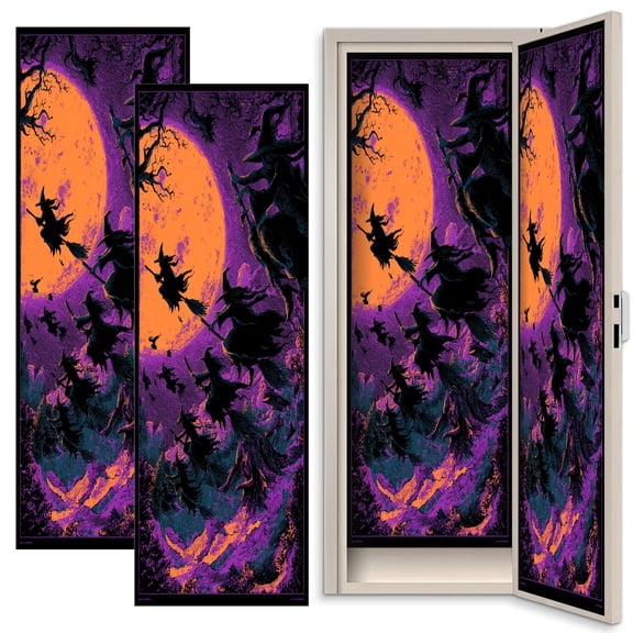 Gothic 2 Pcs School Locker Magnetic Wallpaper 12" x 36" Witches Under Full Moon Purple Orange Night Sky Reusable Removable Locker Accessories Back to School Supplies
