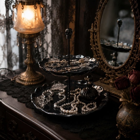 Gothic 2-Tier Serving Tray, Halloween Double Layer Dessert Stand, Spooky Party Tabletop Decor, Black Rattan Tray for Appetizers, House Serving Platter