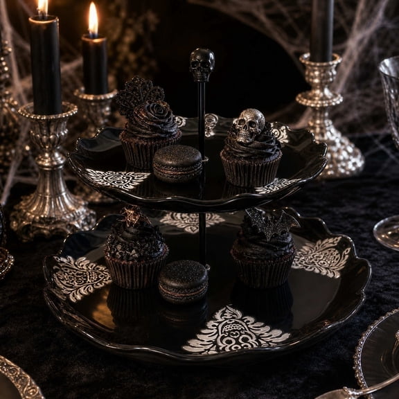 Gothic 2 Tier Serving Tray, Spooky Halloween Table Decor, Double Tier Dessert Stand for Halloween Party Kitchen Living Room Table Centerpiece Decoration Black
