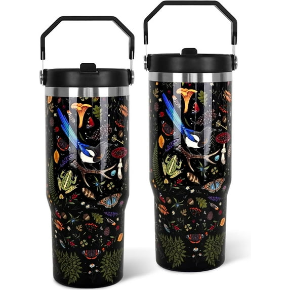 Gothic 30 oz Halloween Tumbler with Top Handle Flip Straw Lid,Leak Proof,Mushroom Boho,Woodland Bird Butterfly Stainless Steel Vacuum Insulated Travel Coffee Mug,Goth Gifts for Women Men,Dark Forest