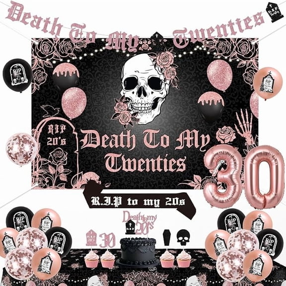 Gothic 30th Birthday Decoration, Death to My 20s Birthday Decoration Backdrop Banner Cake Cupcake Topper Sash Table Cloth Foil Balloon for Rip to My Twenties 30th Birthday Decoration for Her