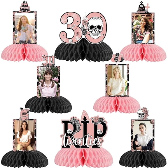Gothic 30th Birthday Decorations Rose Gold 8PCS Rip to My 20s Birthday Party Photo Honeycomb Centerpieces Funeral for My Youth Rip Twenties Dirty 30 Birthday Decorations for Her Women