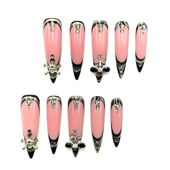Gothic 3D Press-On Nails | Pink & Black Stiletto False Nails with Skull & Rhinestone Accents | Handmade Reusable Acrylic Nail Set