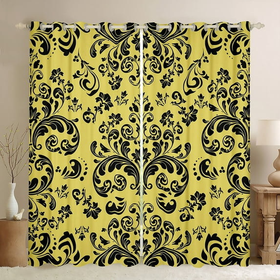 Gothic 52"Wx63"L 30%-50% Blackout Curtains Gold Black Damask Floral Window Curtains Goth Exotic Boho Flower Curtains Drapes Adults Vintage Victorian Baroque Bohemian Curtains 2 Panels