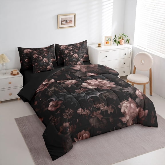 Gothic 7 Pcs Bedding Set Queen Black Floral Bat Comforter