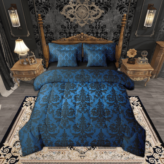 Gothic 7 Piece Comforter Set Full Bed in a Bag,Adults Black Damask Bedding Sets,Victorian Sheet Set with Comforter Vintage Baroque Goth Antique Black Floral Bohemian Decor,Blue