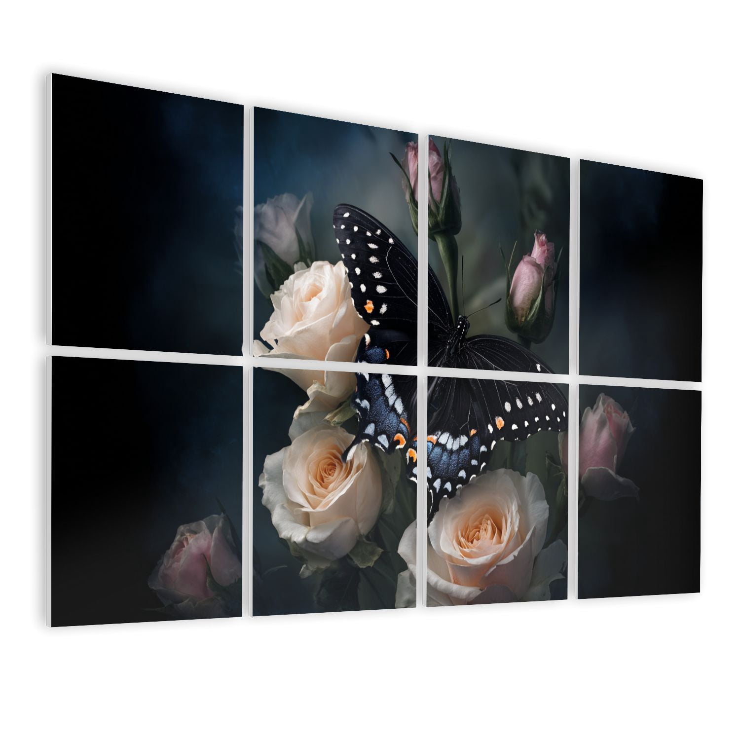 8 Pack Art Acoustic Panels Sound Absorbing Black Butterfly White Spots Romantic Dark Floral Roses Moody Decorative Soundproof Wall Panels Self Adhesive for Nursery Game Room Bedroom 48"x32"