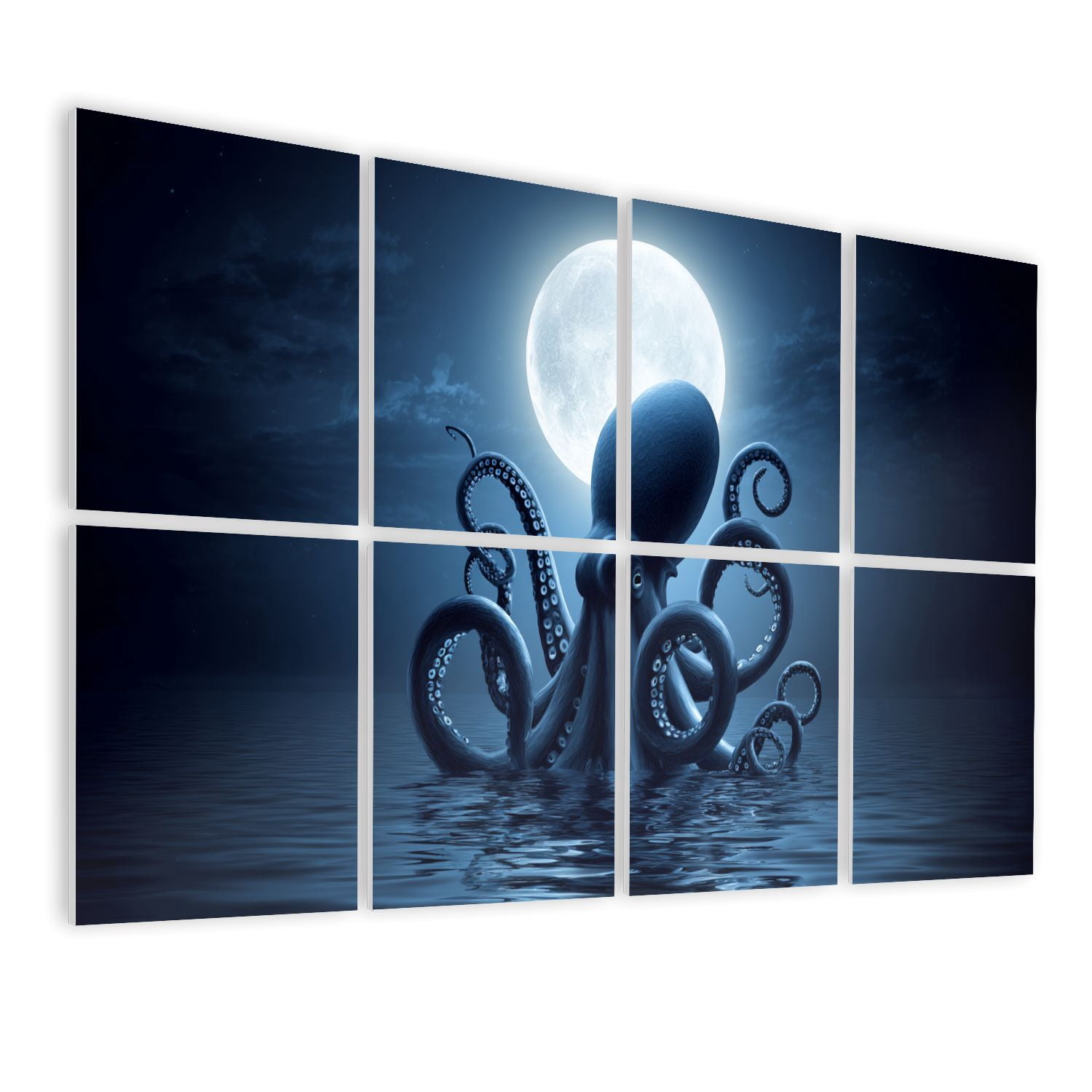Gothic 8 Pack Art Acoustic Panels Sound Absorbing Giant Octopus Emerging Ocean Full Moon Night Sky Decorative Soundproof Wall Panels Self Adhesive for Nursery Game Room Bedroom 48"x32"