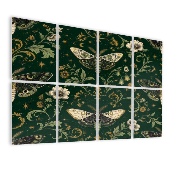 Gothic 8 Pack Art Acoustic Panels Sound Absorbing Mystical Green Moth Floral Dark Vintage Style Decorative Soundproof Wall Panels Self Adhesive for Nursery Game Room Bedroom 48"x32"